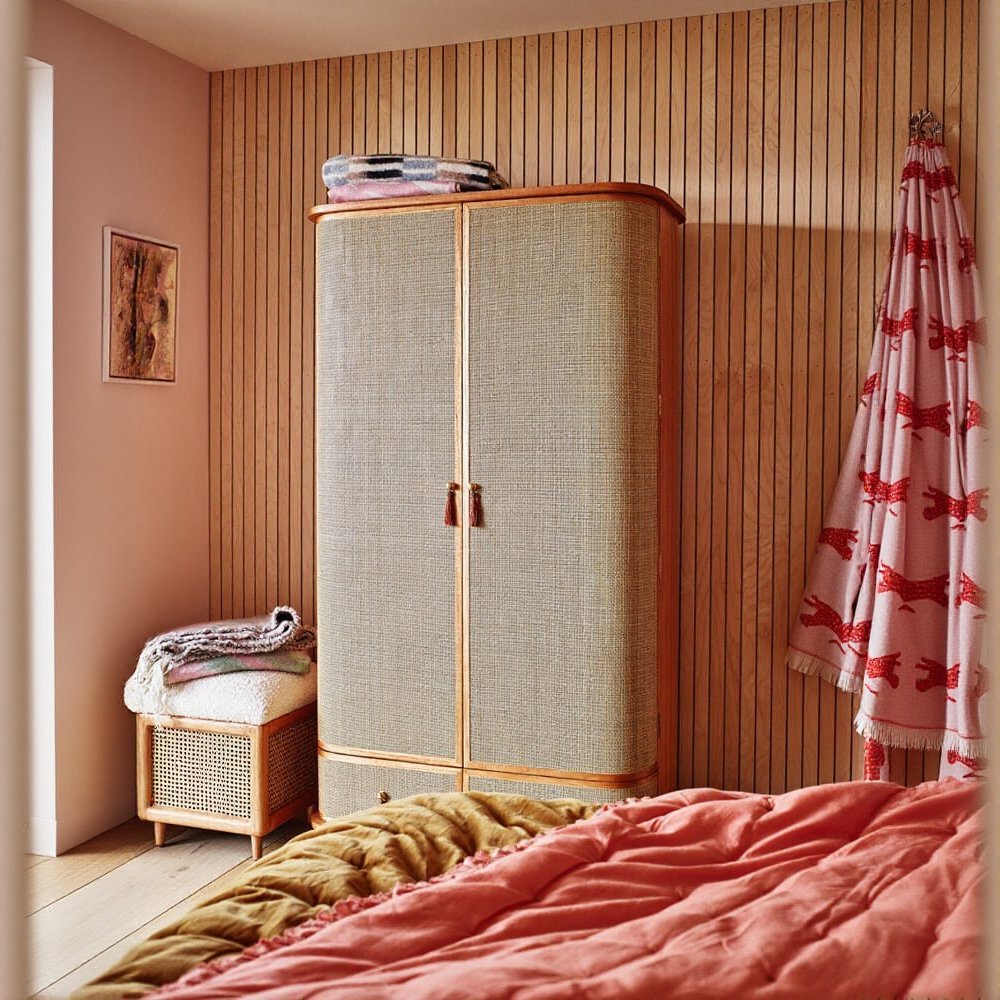 Bespoke High-End Rattan Cherry Wood Wardrobe