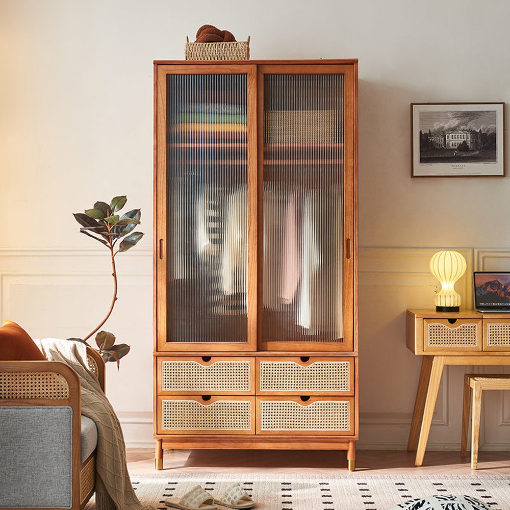 Elegant Cherry Wood Wardrobe with Mirrored Doors – SlabstudioHongKong
