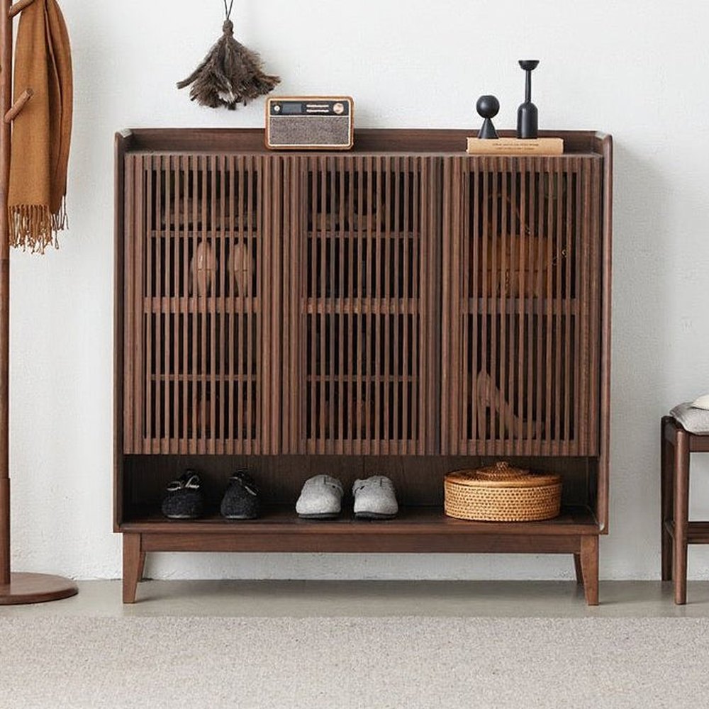 Alchemy Grille Doors Walnut Wood Shoe Cabinet