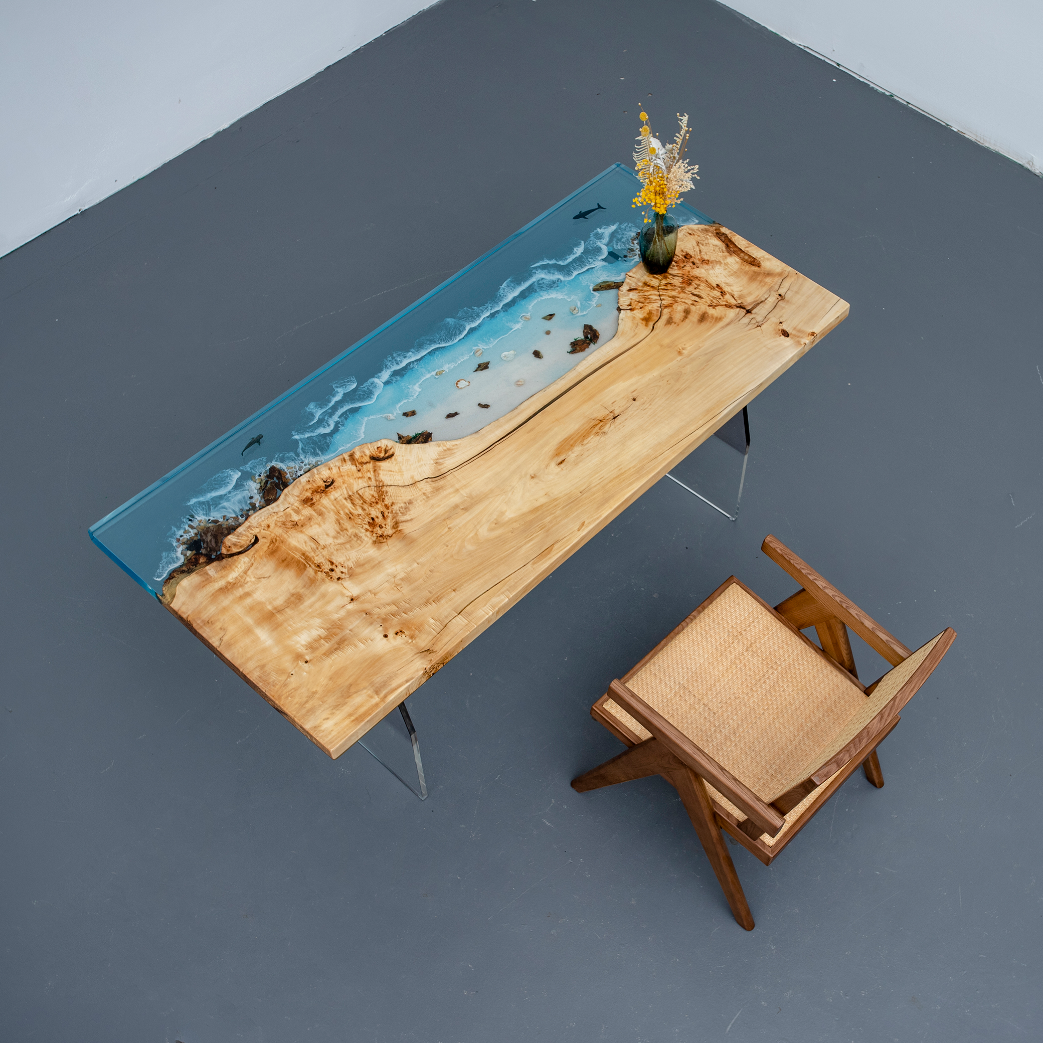 Mesa de madeira de resina epóxi oceânica, mesa de resina epóxi