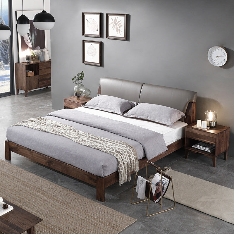 Estrutura de cama de couro de nogueira de madeira maciça, cama de madeira de nogueira, estrutura de cama completa de nogueira