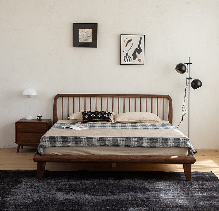 mid century walnut wood bed frame, mid century modern walnut wood bed