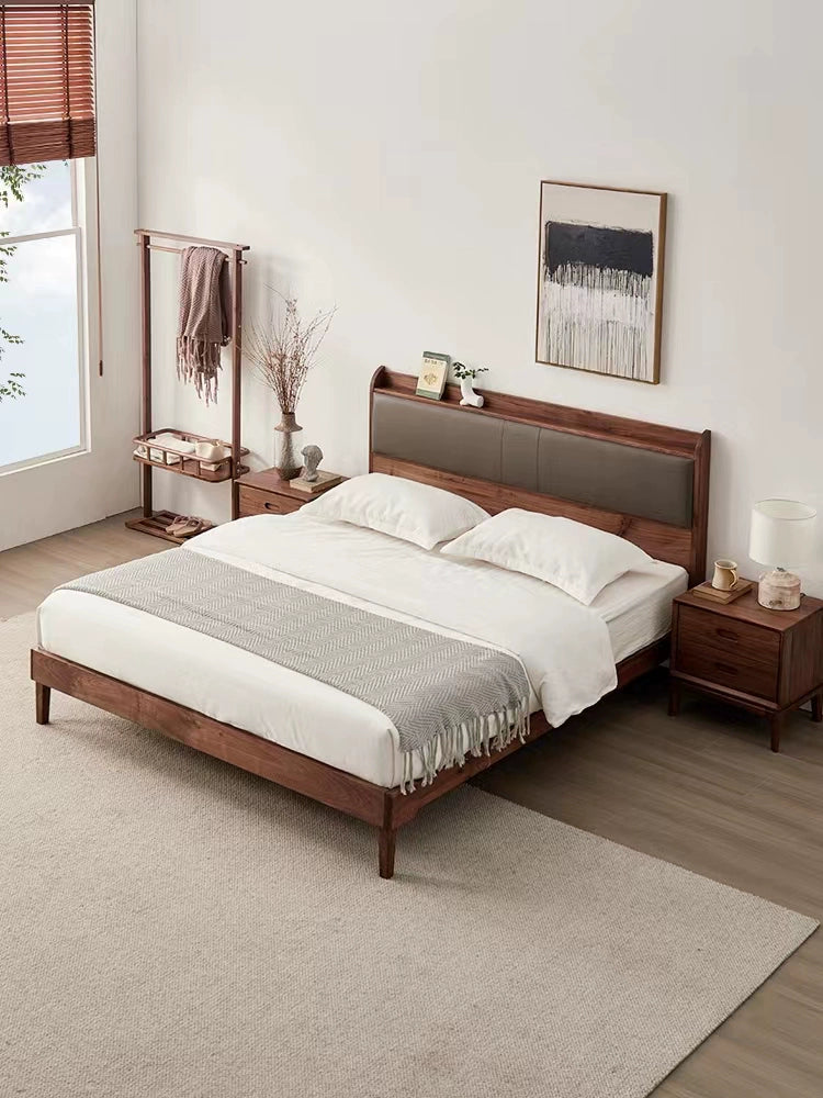 Estructura de cama de madera maciza de nogal y cuero, cama de cuero de madera maciza