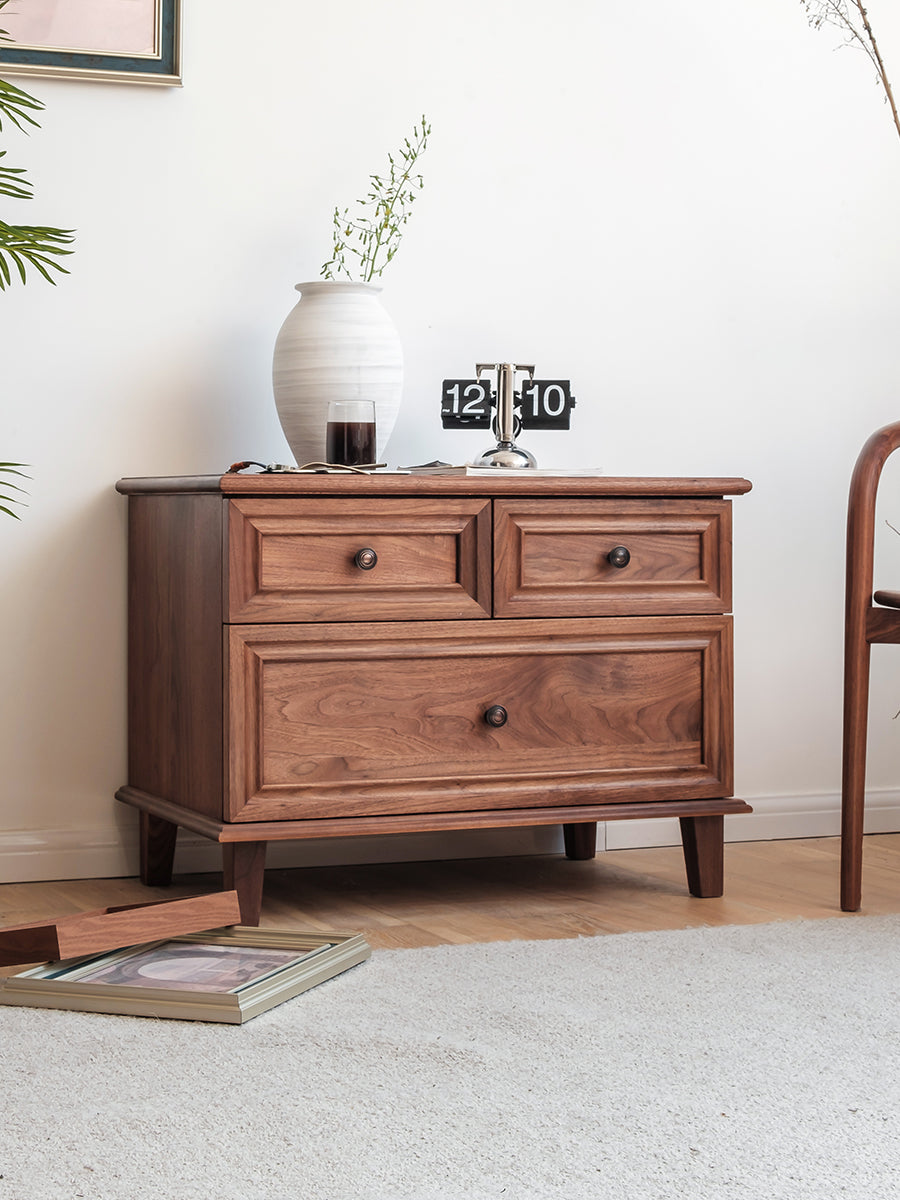 fully assembled 3-drawer solid wood nightstand walnut