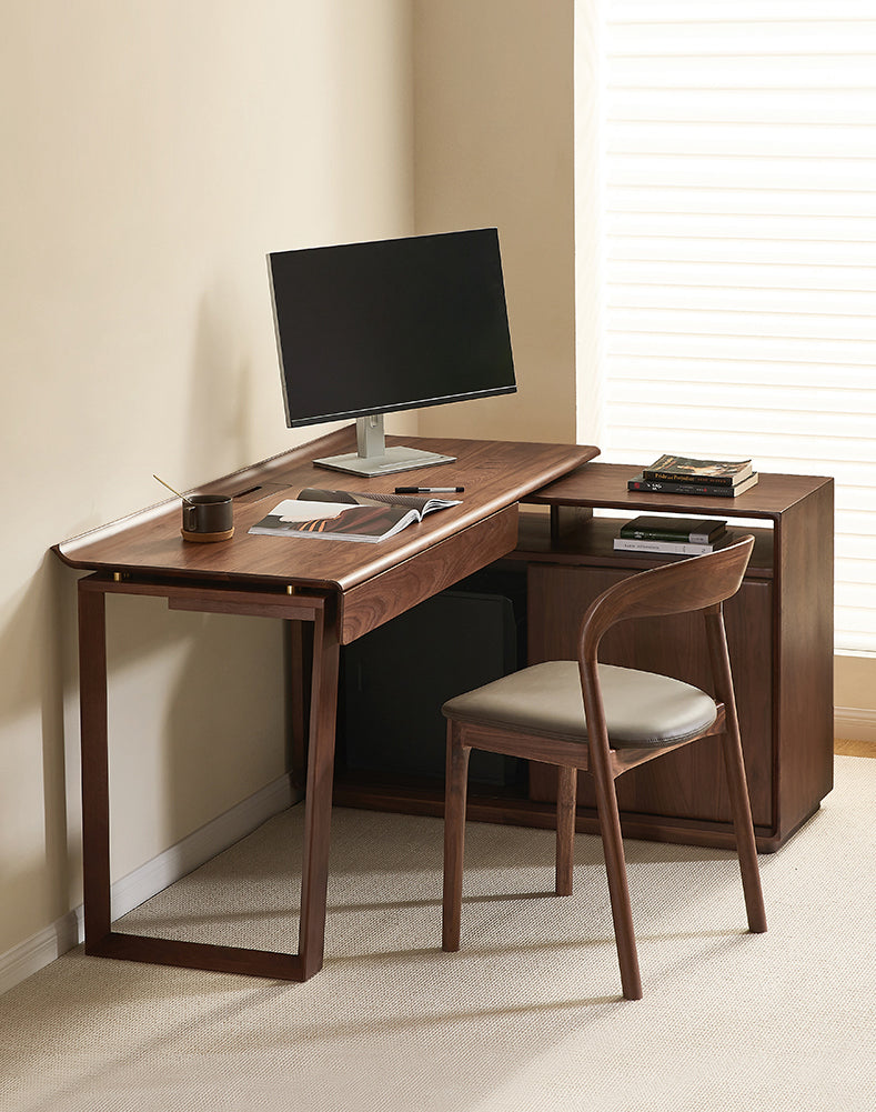 Mesa de computador de nogueira Mesa de madeira maciça com estante
