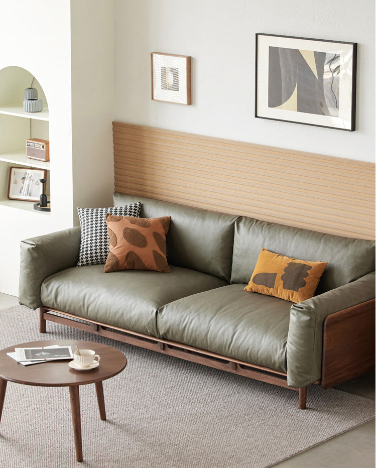 Sofá con estructura de nogal, sofá de cuero y madera de nogal, sofá de cuero genuino