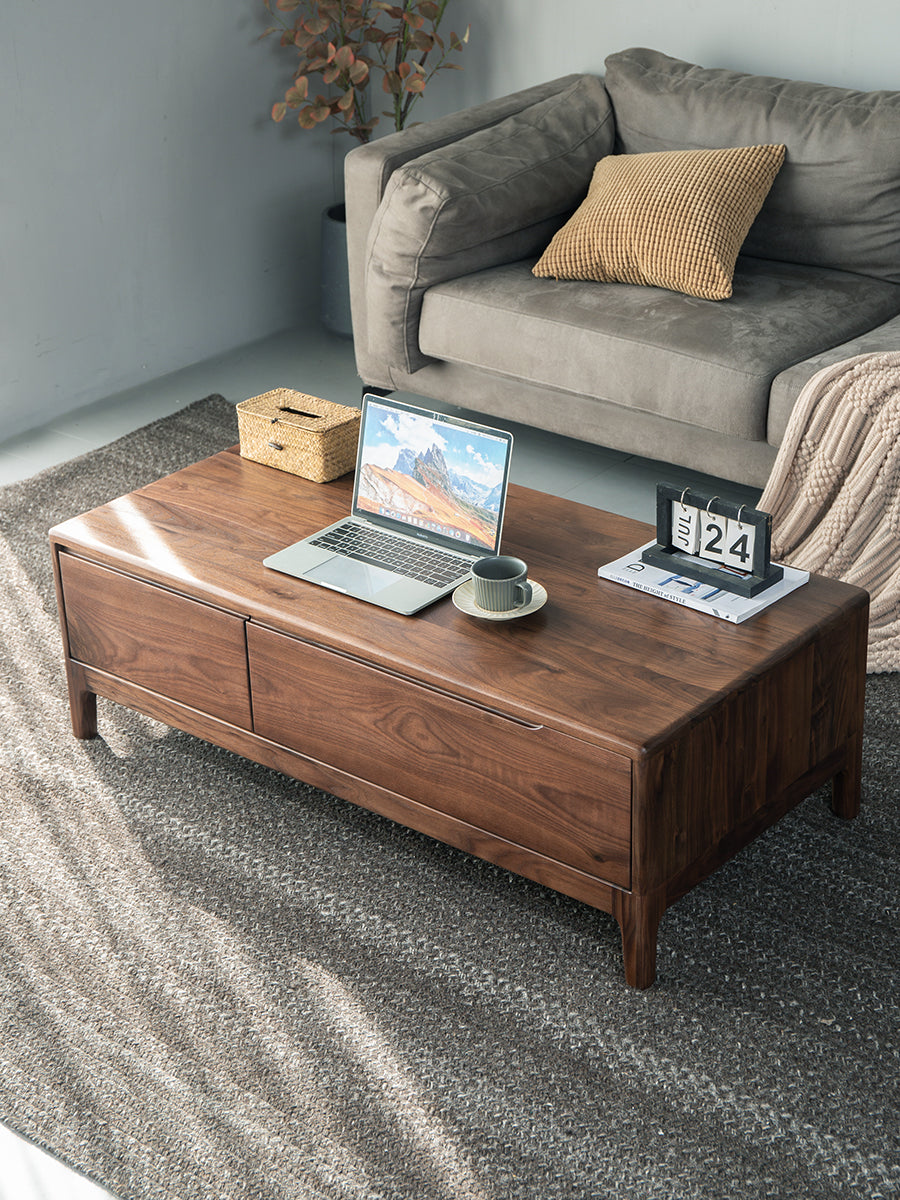 Solid walnut wood coffee table with drawers, solid oak coffee table with storage