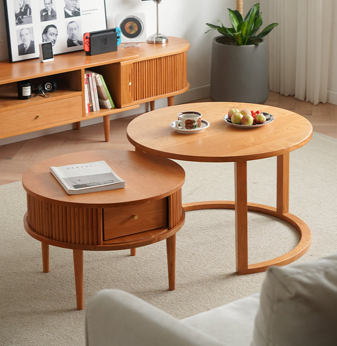 mesa de centro redonda de cerezo macizo, mesa de centro moderna de madera de cerezo de mediados de siglo