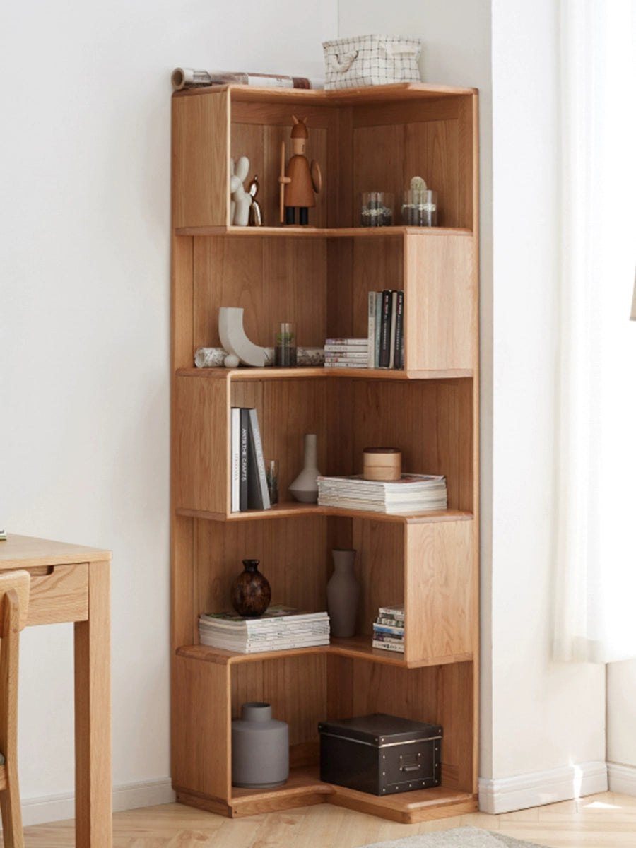 corner oak bookcase, solid oak bookcase, open oak bookcase