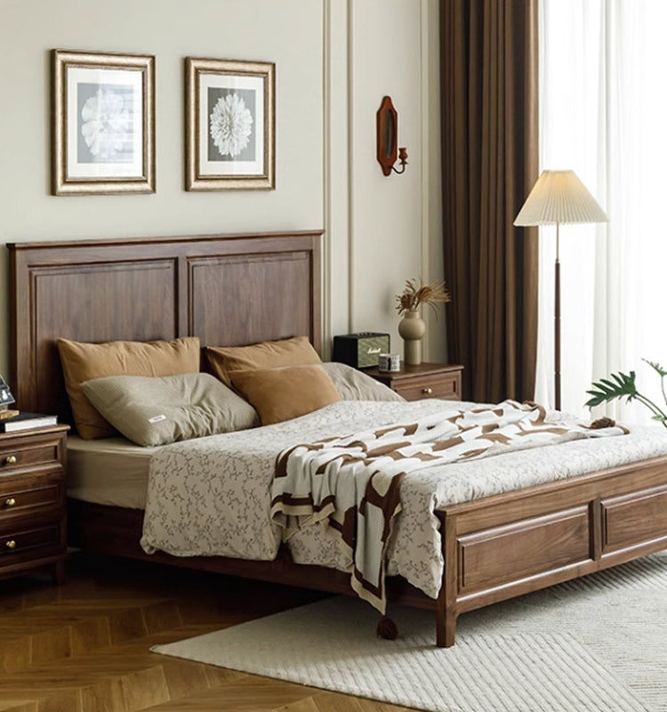 Cama de madera maciza de nogal negro estilo americano, cama de madera maciza