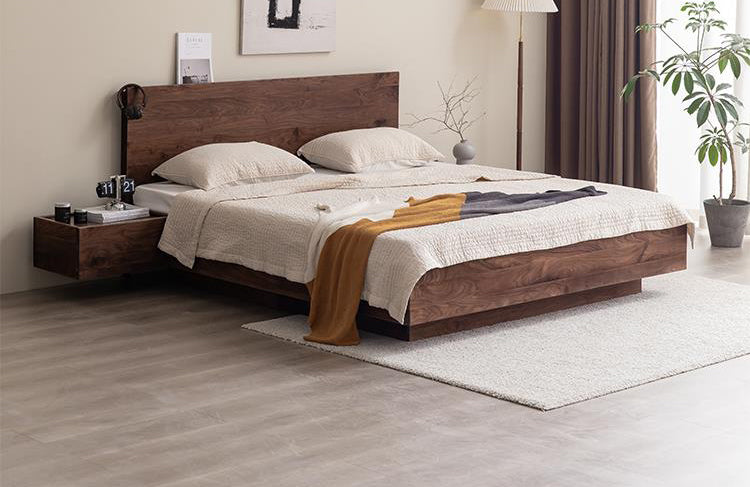modern walnut wood platform bed with storage, solid walnut king bed