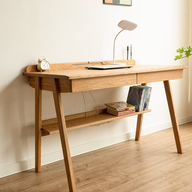 Mesa de cerejeira de 2 camadas, escrivaninha de madeira de cerejeira, mesa de escritório cereja