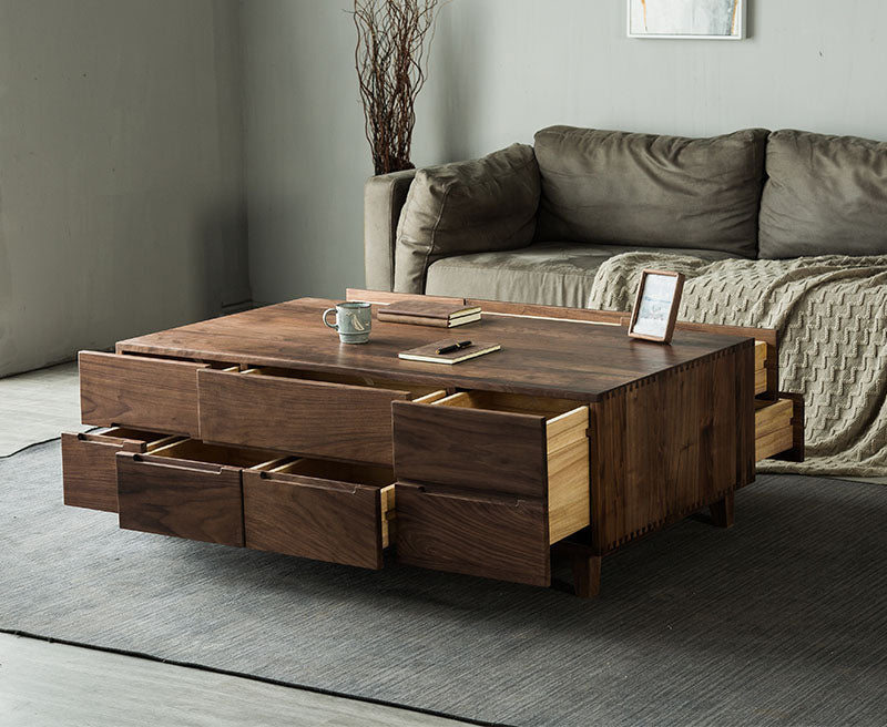 Tavolino rettangolare in legno massello di noce canaletto con cassetti
