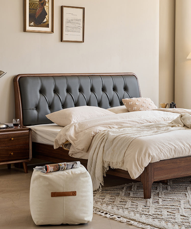 cama con plataforma de mediados de siglo hecha de madera de nogal negro, cama tamaño king de madera de nogal negro