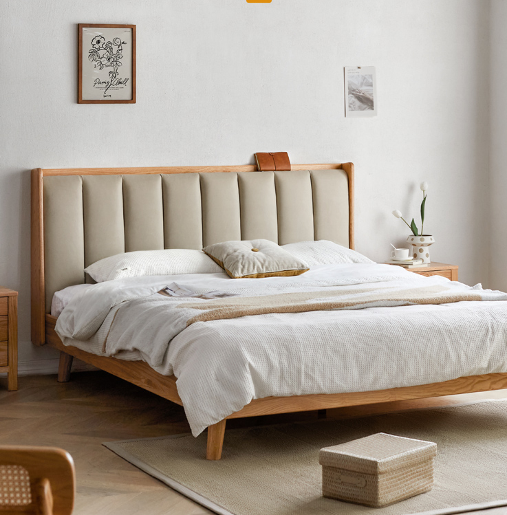 Estrutura de cama em couro real em madeira de carvalho, cama em madeira de carvalho e couro