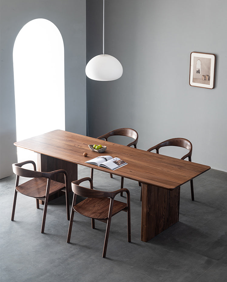 mesa minimalista de losa de madera de nogal, mesa de comedor de madera maciza de nogal oscuro