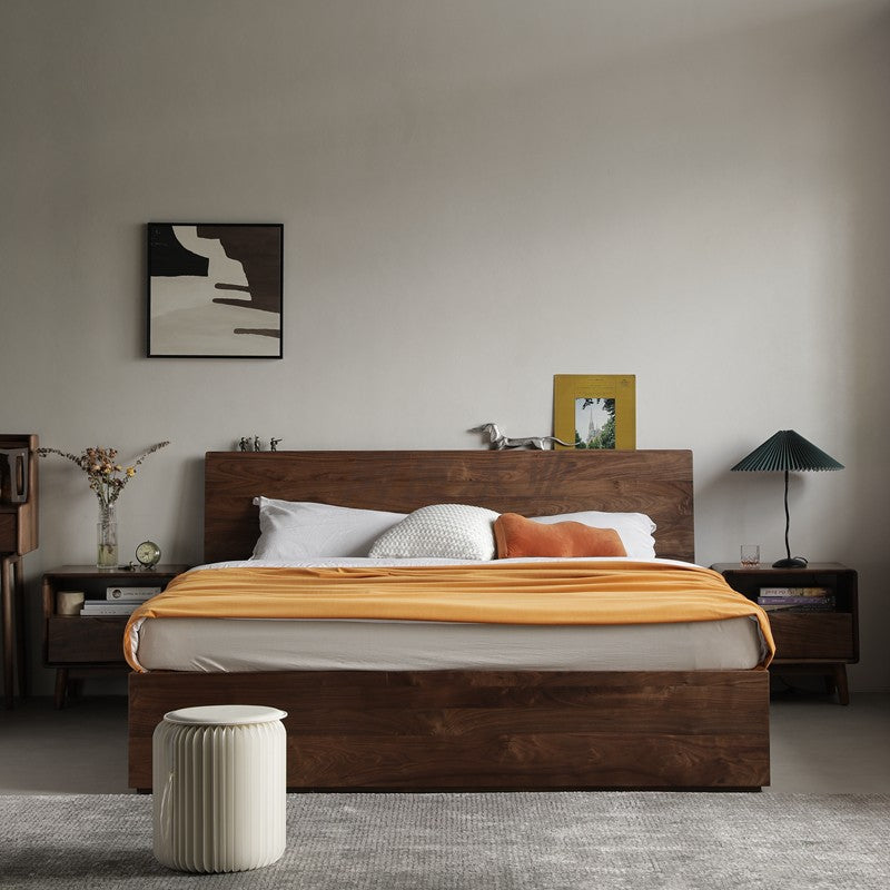 cama moderna de plataforma de madeira de nogueira com armazenamento, cama king-size de nogueira maciça