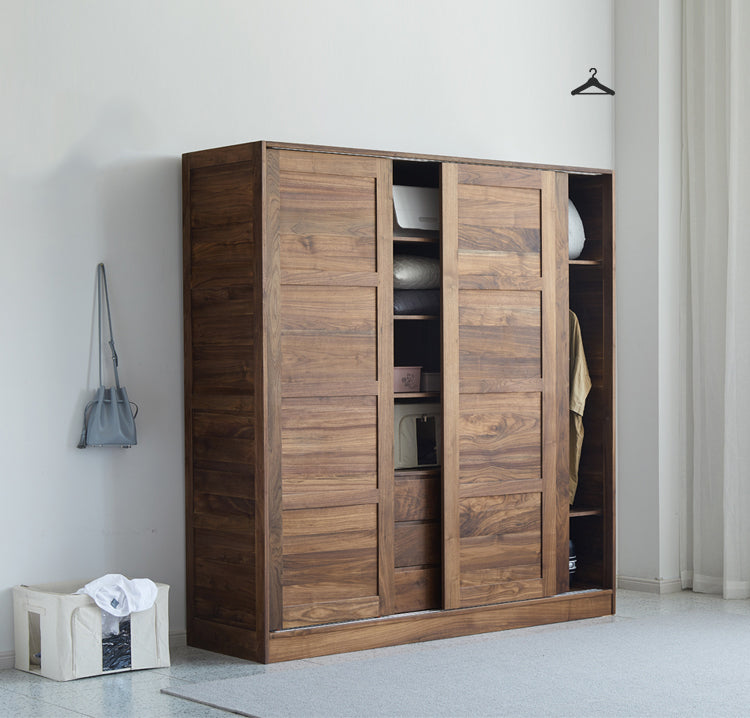 Solid wood black walnut walnut wardrobe closet, big walnut sliding wardrobe Armoire