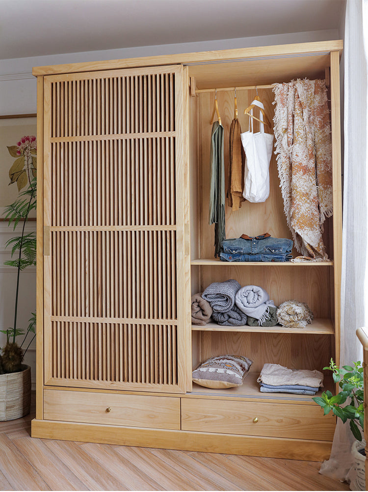 Kleiderschranktüren aus Eschenholz im japanischen Stil, Kleiderschrank aus Eschenholz mit 2 Schiebetüren