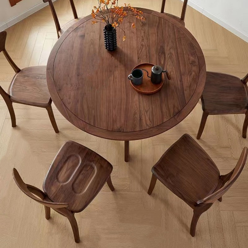 Mesa de jantar redonda de madeira de nogueira, mesa de jantar redonda de madeira de nogueira maciça
