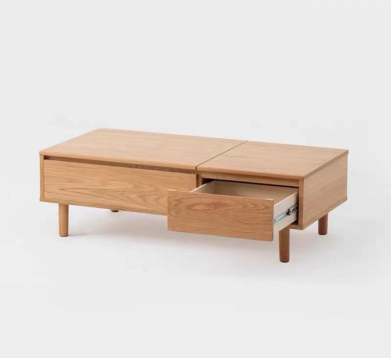 tavolino sollevabile in legno massello di rovere, tavolino rustico in rovere massello