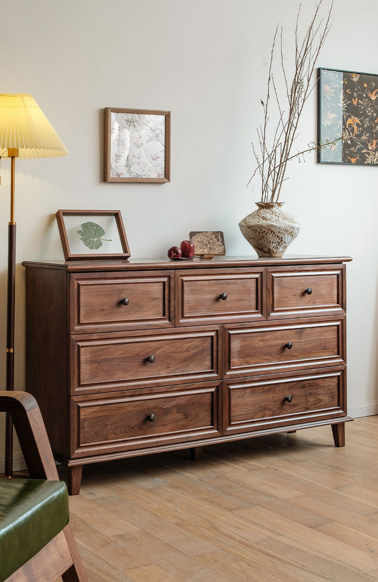 vintage black walnut wood dresser, mid-century modern walnut wood 7-drawer storage dresser