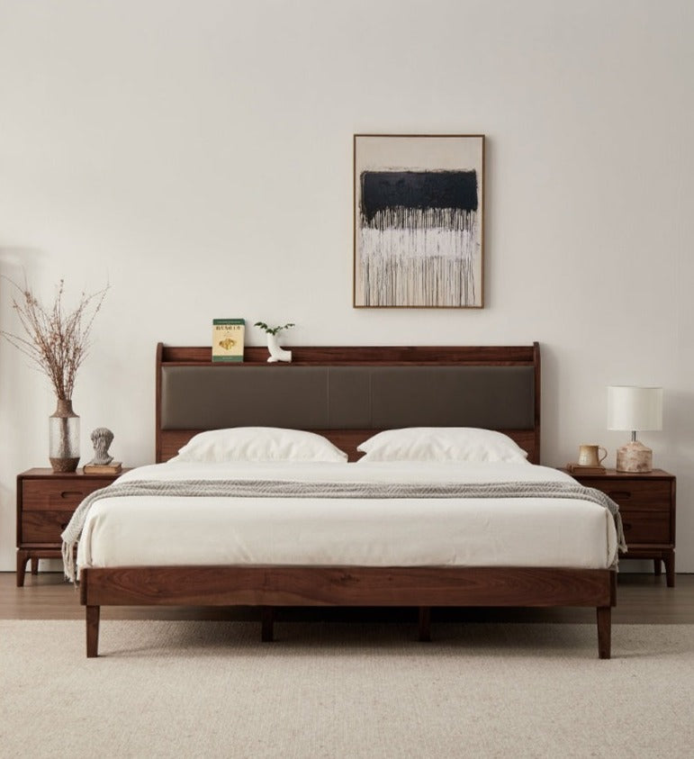 Estructura de cama de madera maciza de nogal y cuero, cama de cuero de madera maciza