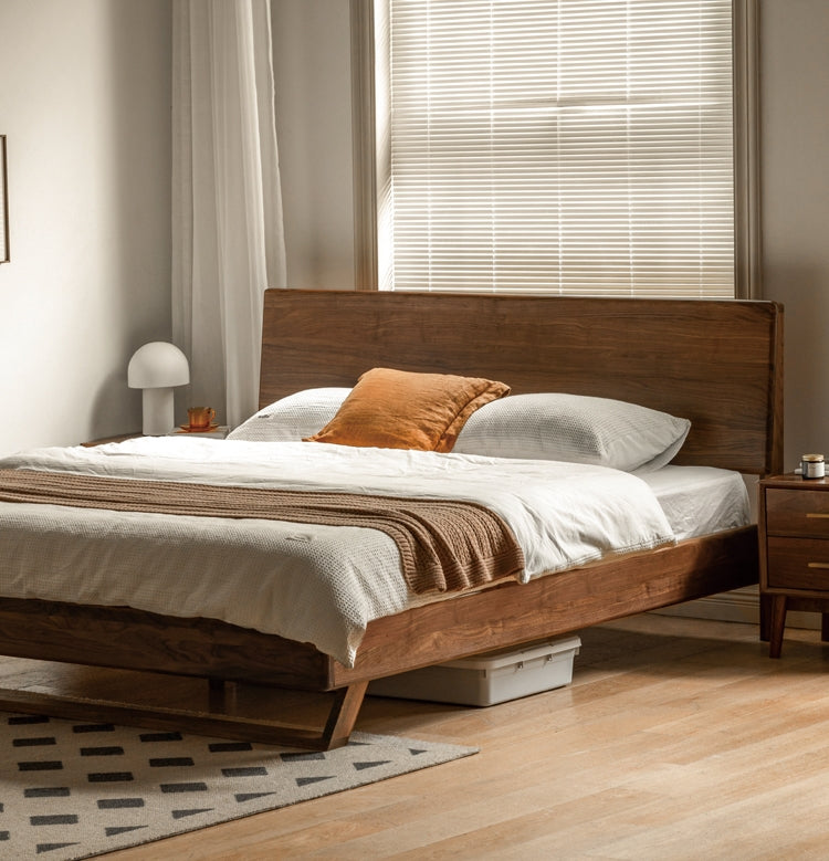 cama moderna de madera de nogal negro, cama de nogal macizo, estructura de cama de nogal oscuro
