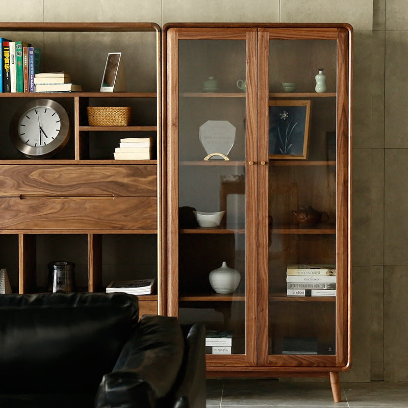 Glass walnut bookcase, solid walnut bookcase, contemporary walnut bookcase