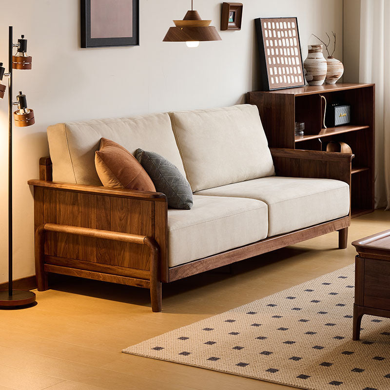 Sofá de madera maciza de nogal, sofá de cuero de madera de nogal, sofá moderno de cuero de vaca