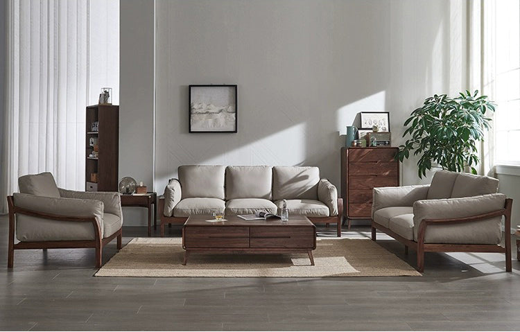 Solid walnut leather sofa, walnut wood sofa, genuine leather sofa black