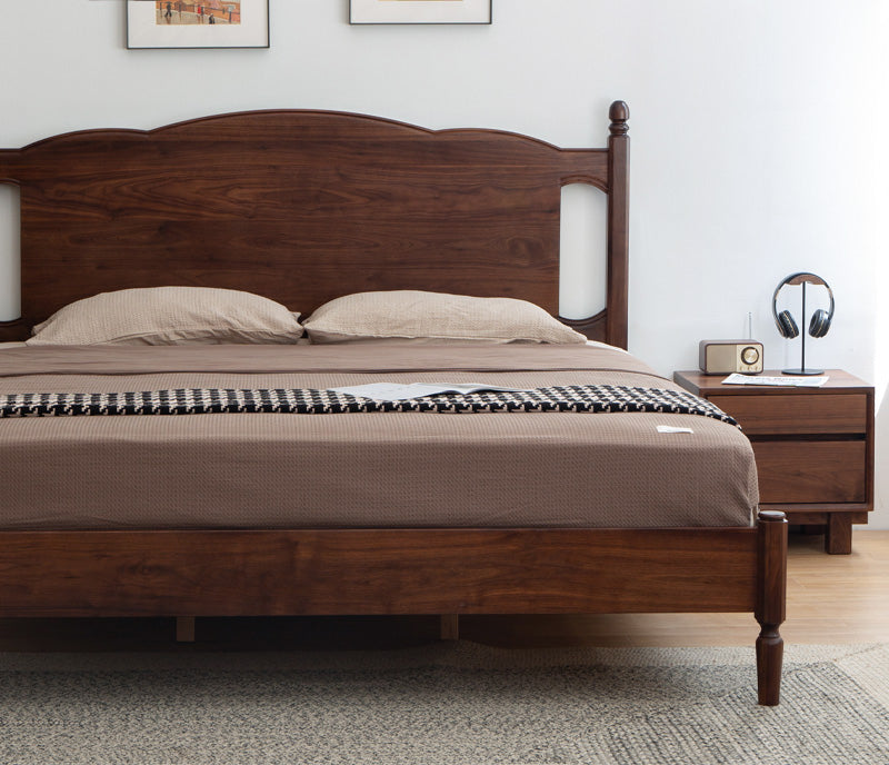 cama de nogueira de madeira maciça, cama queen de nogueira, estrutura de cama de nogueira de meados do século