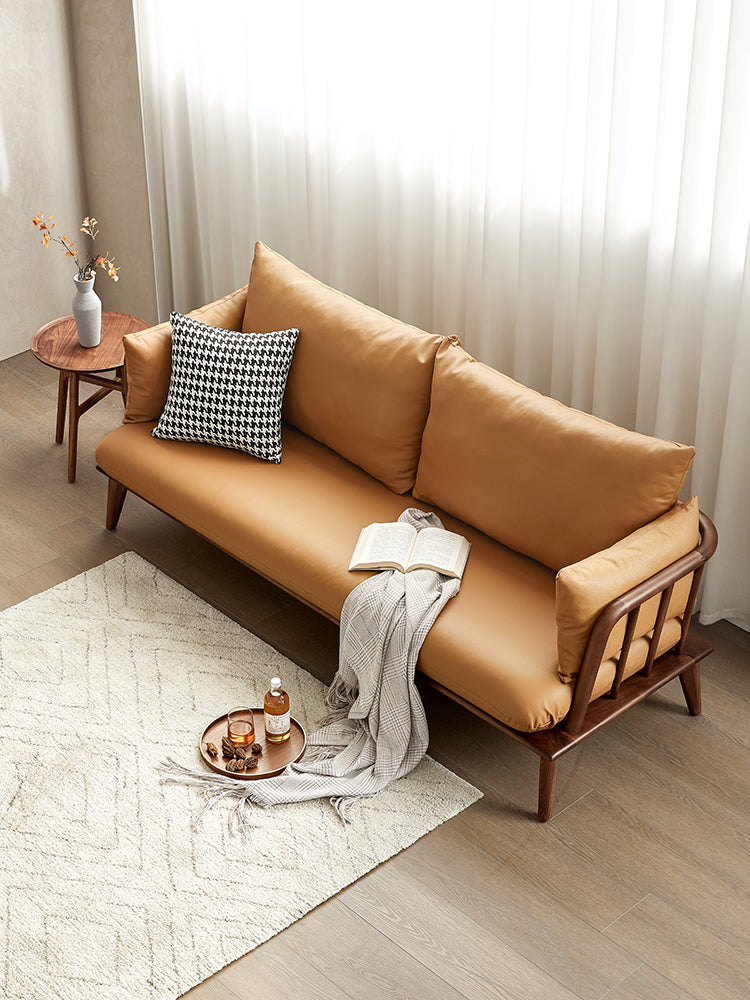 Sofá moderno de cuero genuino hecho de madera de nogal negro, sofá moderno de cuero de vaca