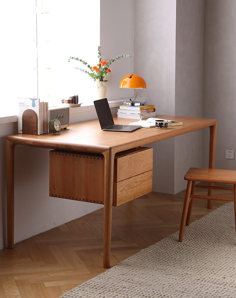 Mesa de madeira dura com estante, mesa moderna de cerejeira, mesa de madeira natural