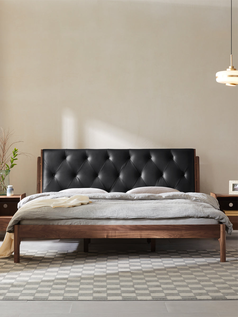 Estrutura de cama moderna em madeira de nogueira preta, couro de vaca, estrutura de cama em madeira de nogueira preta king