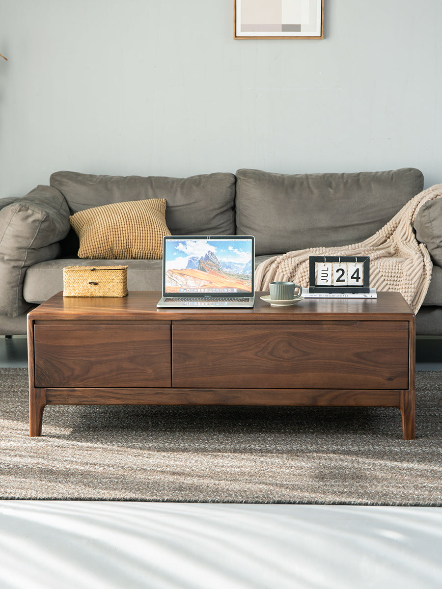 Solid walnut wood coffee table with drawers, solid oak coffee table with storage