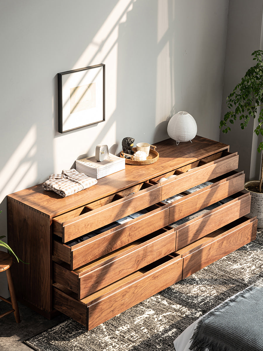 mid century walnut wood dresser, modern solid walnut wood dresser