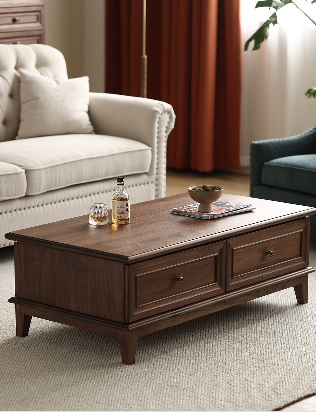 Solid wood American style coffee table, made of FAS level black walnut wood