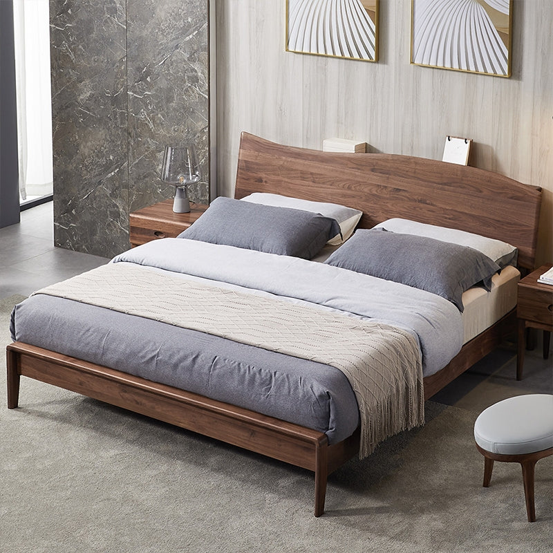 Estructura de cama con plataforma de madera de nogal, cama de madera de nogal negro con diseño ondulado