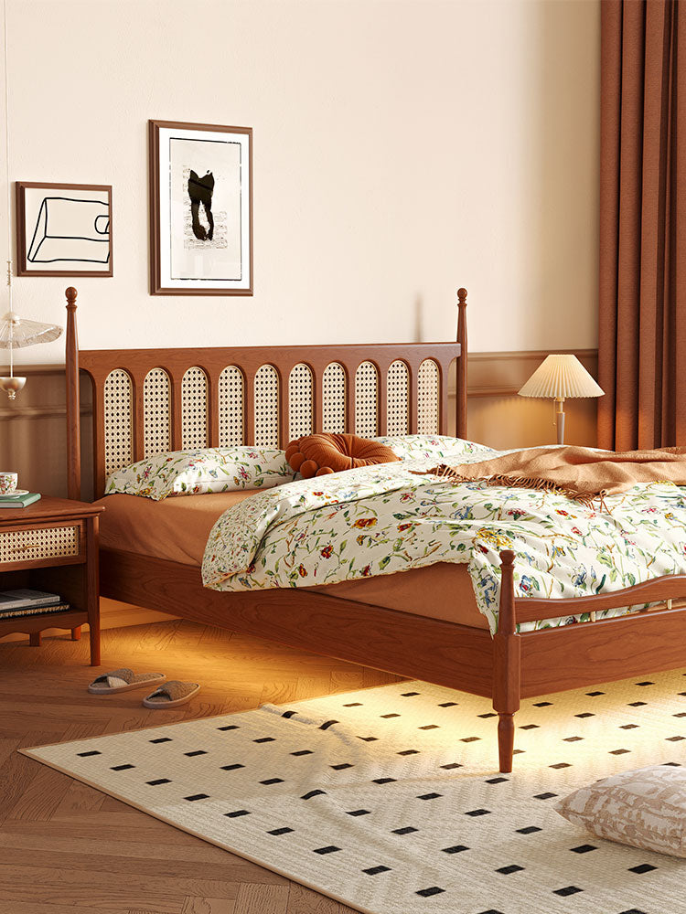 Juego de cama de madera de cerezo, estructura de cama de madera de cerezo, cama tamaño king de madera de cerezo