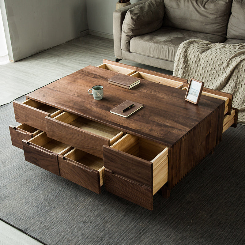 table basse rectangulaire en bois massif de noyer noir avec tiroirs