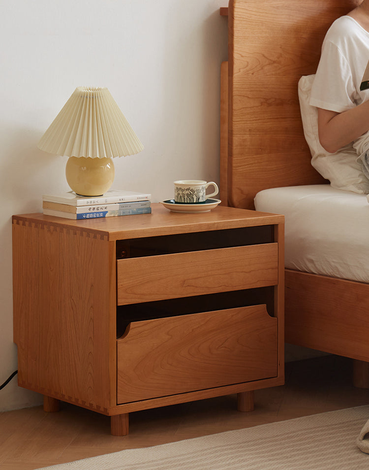 Stylish Glass Drawers Cherry Wood Nightstand 