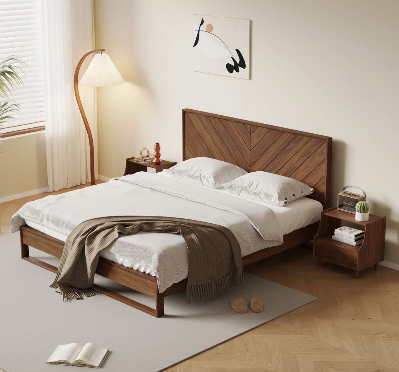 Estrutura de cama king de nogueira em madeira maciça, cama de plataforma em madeira de nogueira