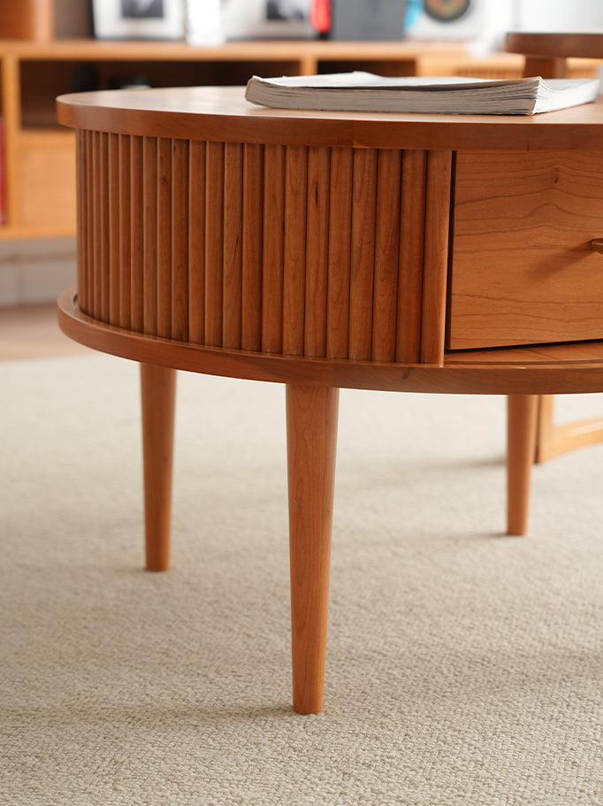 solid cherry round coffee table, mid century modern cherry wood coffee table