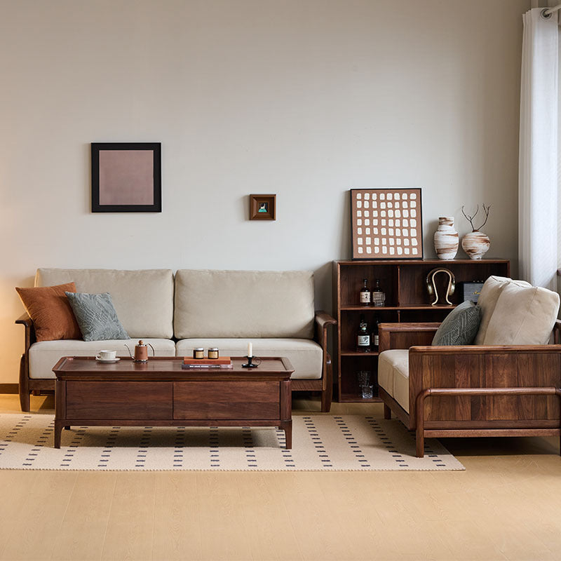 soffa i massiv valnötsträ, lädersoffa i valnötsträ, modern soffa i koläder