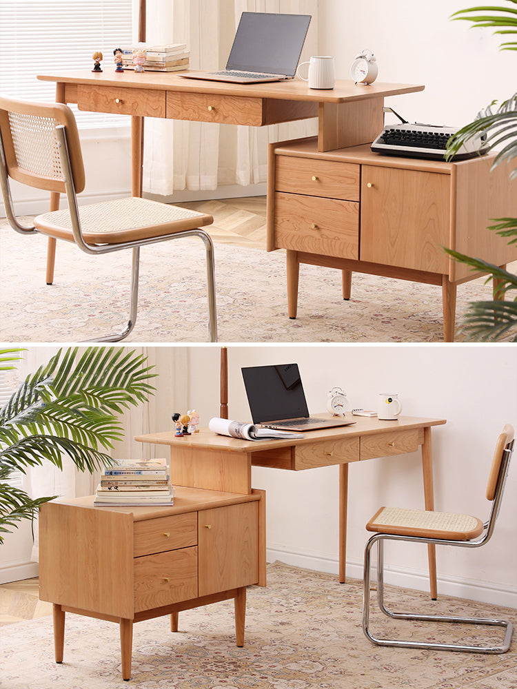 Körsbärsskrivbord med bokhylla, l-format körsbärsskrivbord, skrivbord i massivt körsbärsträ