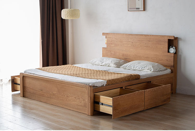 hydraulic bed with storage compartments made in oak wood