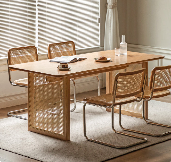 籐オーク無垢材キッチンダイニングテーブル、新しいオーク無垢材ダイニングテーブル6椅子