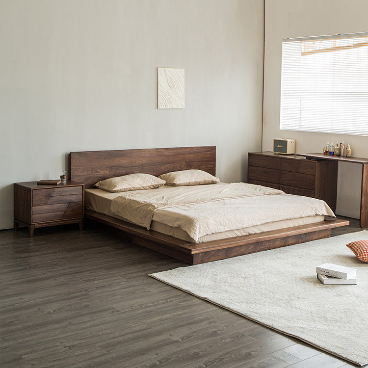 Japandi Tatami-Plattformbett aus schwarzem Walnussholz, niedriges, flaches Bett aus Walnussholz