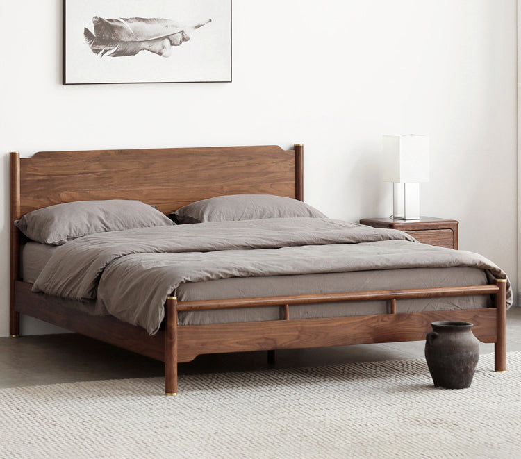 Cama king de madeira maciça de nogueira, cama de fuso de nogueira, cama de madeira de nogueira